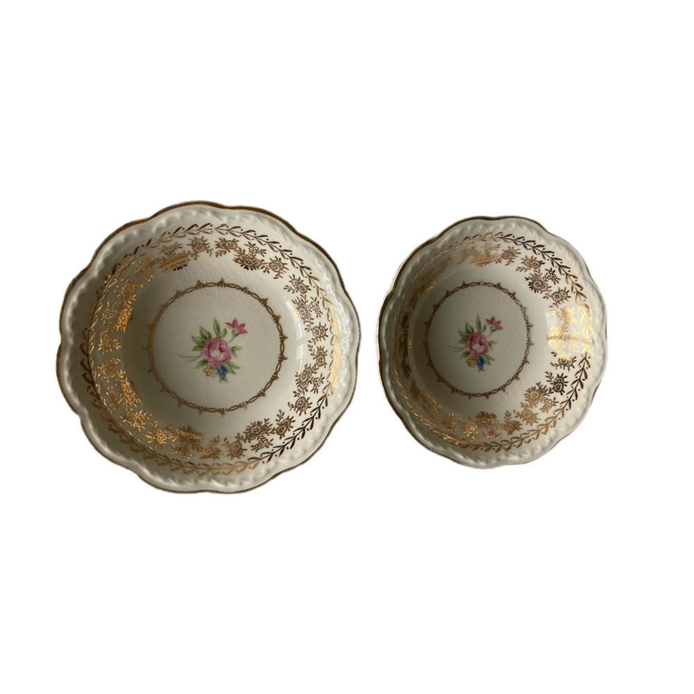 VTG (2)1940s BERRY BOWLS IVORY PORCELAIN PASTEL FLOWER GOLD GILT PATTERN